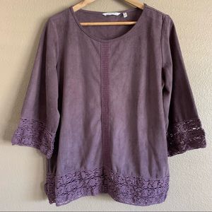 Soft Surroundings Faux Suede Plum Color Top with Lace Trim Size Medium